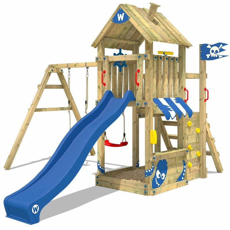 Aire de jeux Portique bois The Proud Parrot avec balançoire et toboggan bleu Maison enfant exterieur avec bac à sable, échelle d'escalade &