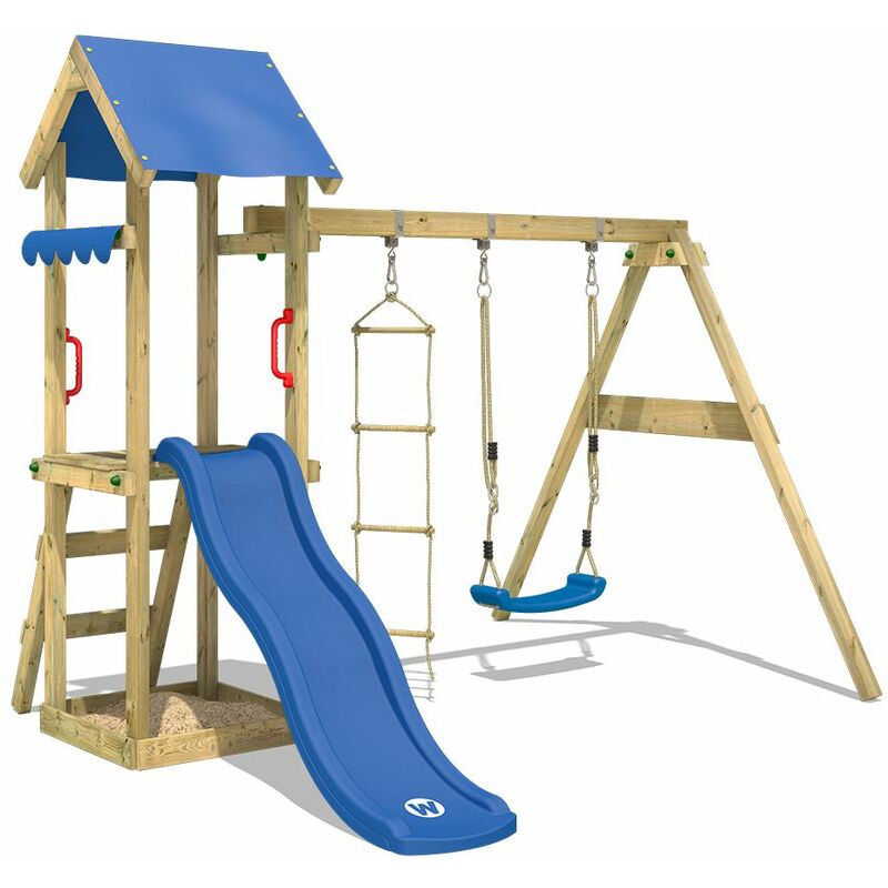 Aire de jeux Portique bois TinyCabin avec balançoire et toboggan bleu Maison enfant exterieur avec bac à sable, échelle d'escalade & accessoires de
