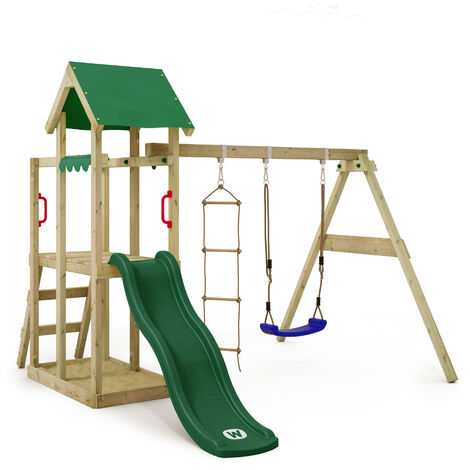 WICKEY Aire de jeux Portique bois TinyPlace avec balançoire et toboggan vert Maison enfant exterieur avec bac à sable, échelle d'escalade & accessoires de jeux