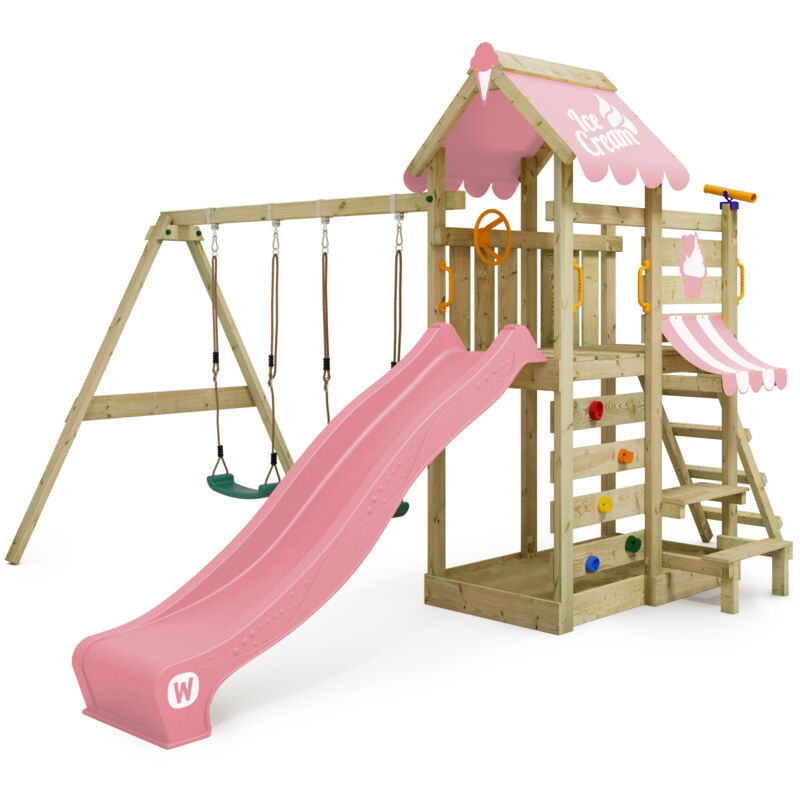 Tour de jeux en bois VanillaFlyer avec balançoire et toboggan, tour d'escalade avec bac à sable, échelle et accessoires de jeu – rose pastel - Wickey Tour de jeux en bois VanillaFlyer avec balançoire et toboggan, tour d'escalade avec bac à sable, échelle et accessoires de jeu – rose pastel - Wickey
