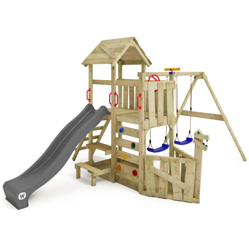 Aire de jeux Portique GalleyFlyer avec balançoire & toboggan, maison sur pilotis avec bac à sable, échelle d'escalade & accessoires de jeu