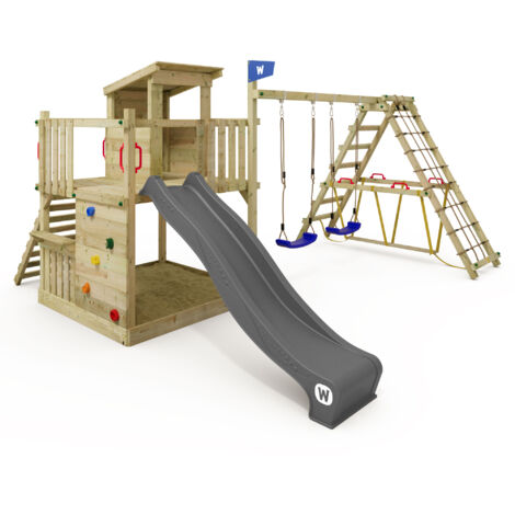 Wickey Aire de jeux Portique Smart Nest avec balançoire & toboggan, maison sur pilotis avec bac à sable, échelle d'escalade & accessoires de jeu – anthracite - anthracite