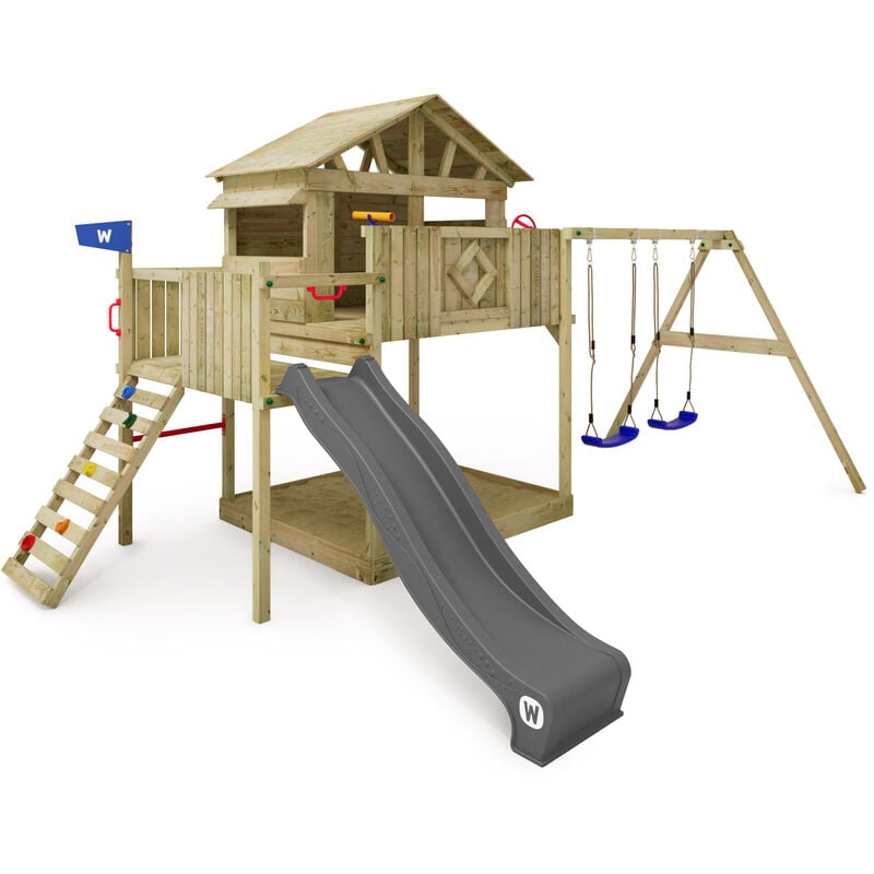 Wickey - Aire de jeux Portique Smart Peak avec balançoire & toboggan, maison sur pilotis avec bac à sable, échelle d'escalade & accessoires de jeu