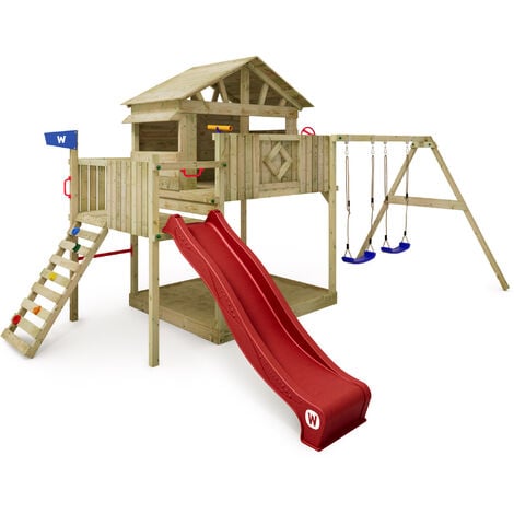 Wickey Aire de jeux Portique Smart Peak avec balançoire & toboggan, maison sur pilotis avec bac à sable, échelle d'escalade & accessoires de jeu - rouge - rouge