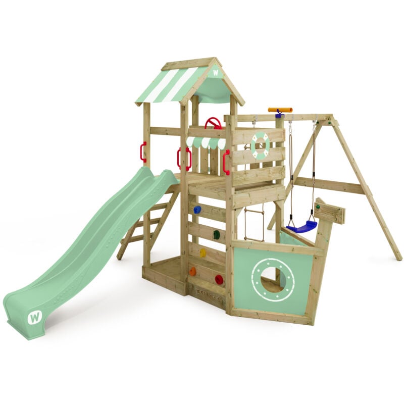 Aire de jeux Portique bois SeaFlyer avec balançoire et toboggan Cabane enfant exterieur avec bac à sable, échelle d'escalade & accessoires de jeux