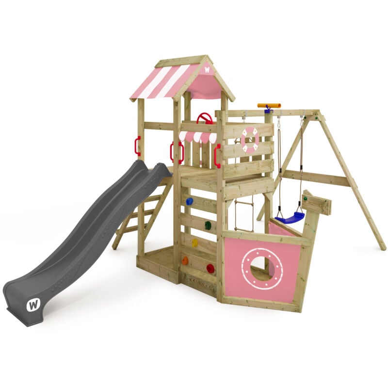 Wickey - Aire de jeux Portique bois SeaFlyer avec balançoire et toboggan Cabane enfant exterieur avec bac à sable, échelle d'escalade & accessoires