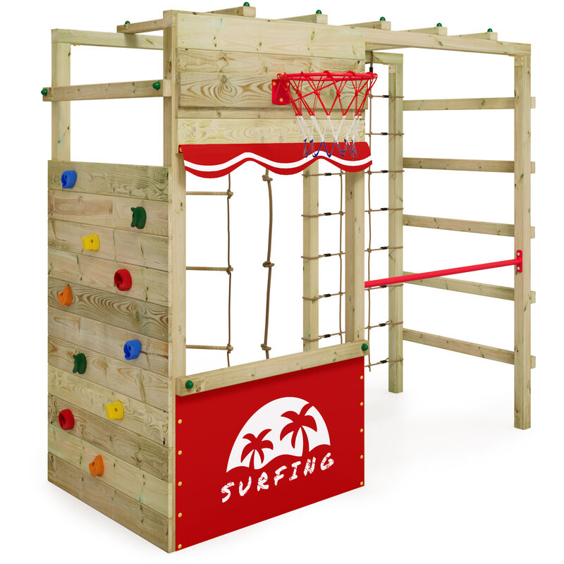 Aire de jeux Portique bois Smart Action Échafaudage grimpant avec mur d'escalade & accessoires de jeux - rouge - rouge - Wickey