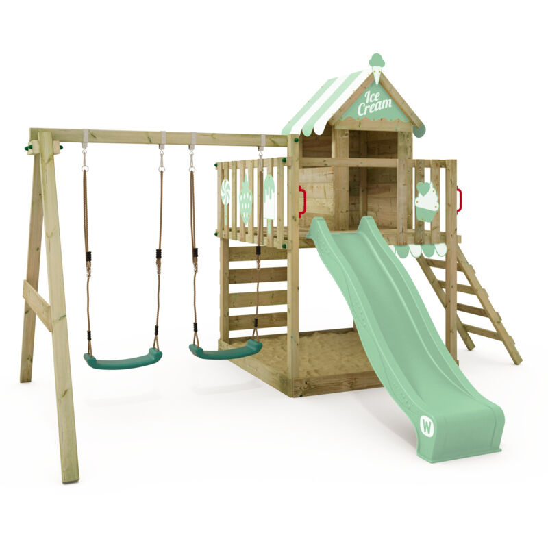 WICKEY Aire de jeux Portique bois Smart Candy avec balançoire et toboggan Cabane enfant exterieur avec bac à sable, échelle d'escalade & accessoires WICKEY Aire de jeux Portique bois Smart Candy avec balançoire et toboggan Cabane enfant exterieur avec bac à sable, échelle d'escalade & accessoires