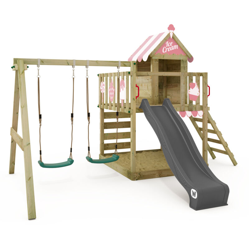 Wickey - Aire de jeux Portique bois Smart Candy avec balançoire et toboggan Cabane enfant exterieur avec bac à sable, échelle d'escalade & Wickey - Aire de jeux Portique bois Smart Candy avec balançoire et toboggan Cabane enfant exterieur avec bac à sable, échelle d'escalade &