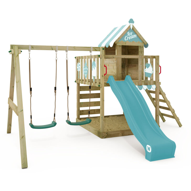 WICKEY Aire de jeux Portique bois Smart Candy avec balançoire et toboggan Cabane enfant exterieur avec bac à sable, échelle d'escalade & accessoires WICKEY Aire de jeux Portique bois Smart Candy avec balançoire et toboggan Cabane enfant exterieur avec bac à sable, échelle d'escalade & accessoires