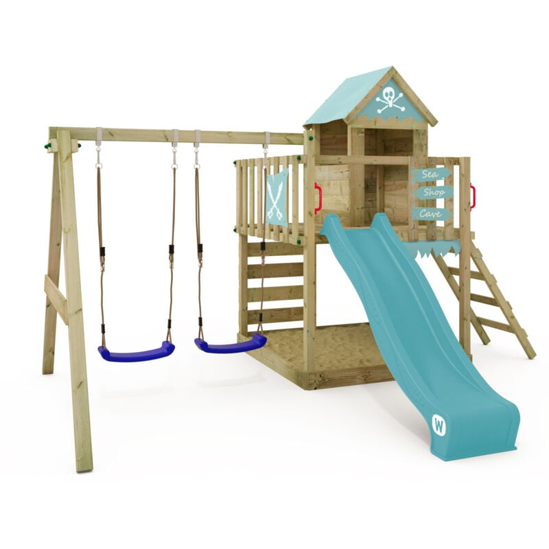 Aire de jeux Portique bois Smart Cave avec balançoire et toboggan Cabane enfant exterieur avec bac à sable, échelle d'escalade & accessoires de jeux
