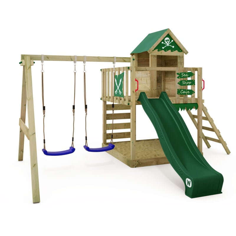 Aire de jeux Portique bois Smart Cave avec balançoire et toboggan Cabane enfant exterieur avec bac à sable, échelle d'escalade & accessoires de jeux