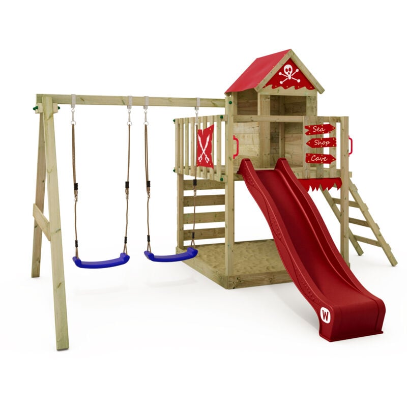 Aire de jeux Portique bois Smart Cave avec balançoire et toboggan Cabane enfant exterieur avec bac à sable, échelle d'escalade & accessoires de jeux