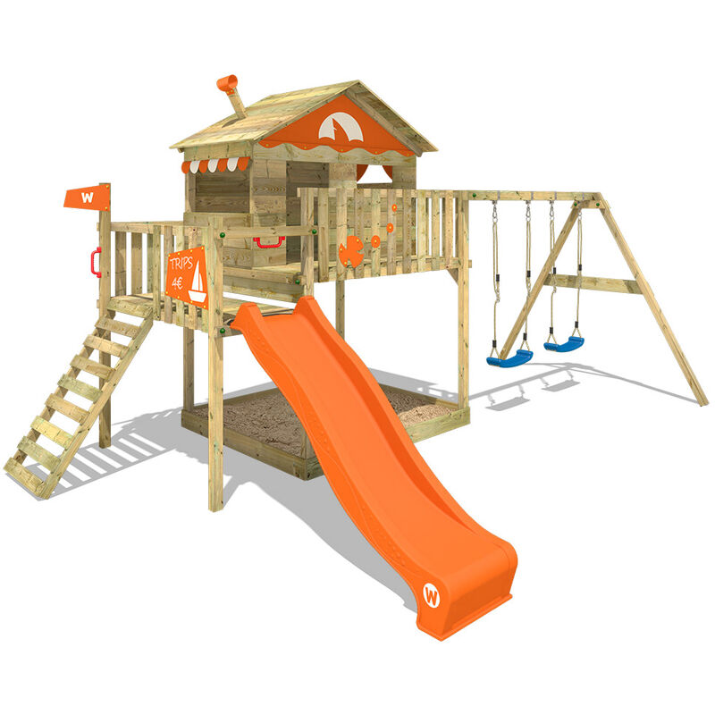 Wickey - Aire de jeux Portique bois Smart Coast avec balançoire et toboggan orange Maison enfant sur pilotis avec bac à sable