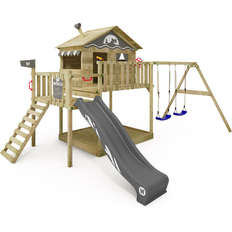 Wickey - Aire de jeux Portique bois Smart Coast avec balançoire et toboggan anthracite Maison enfant sur pilotis avec bac à sable
