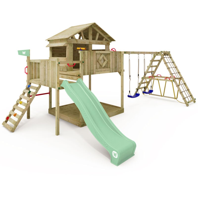 Wickey Aire de jeux Smart Fjord avec balançoire & toboggan, maison sur pilotis avec bac à sable, échelle d'escalade & accessoires de jeu - vert pastel