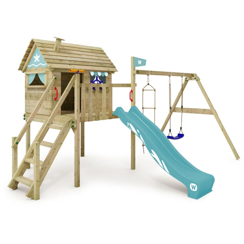 Wickey - Aire de jeux Smart Journey avec balançoire & toboggan, maison sur pilotis avec bac à sable, échelle d'escalade & accessoires de jeu – bleu