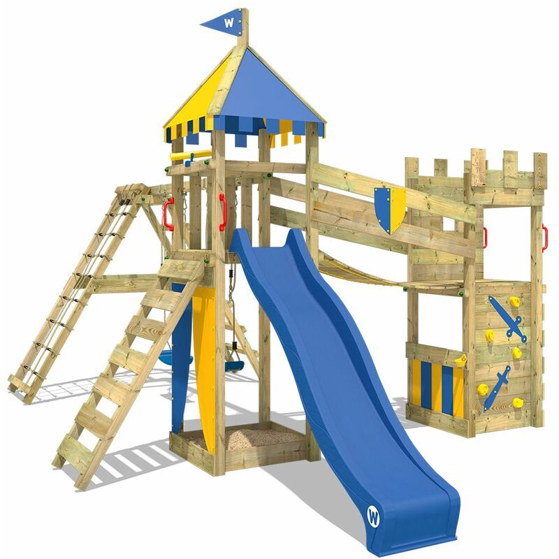 Aire de jeux Portique bois Smart Legend 150 avec balançoire et toboggan bleu Maison enfant exterieur avec bac à sable, échelle d'escalade &