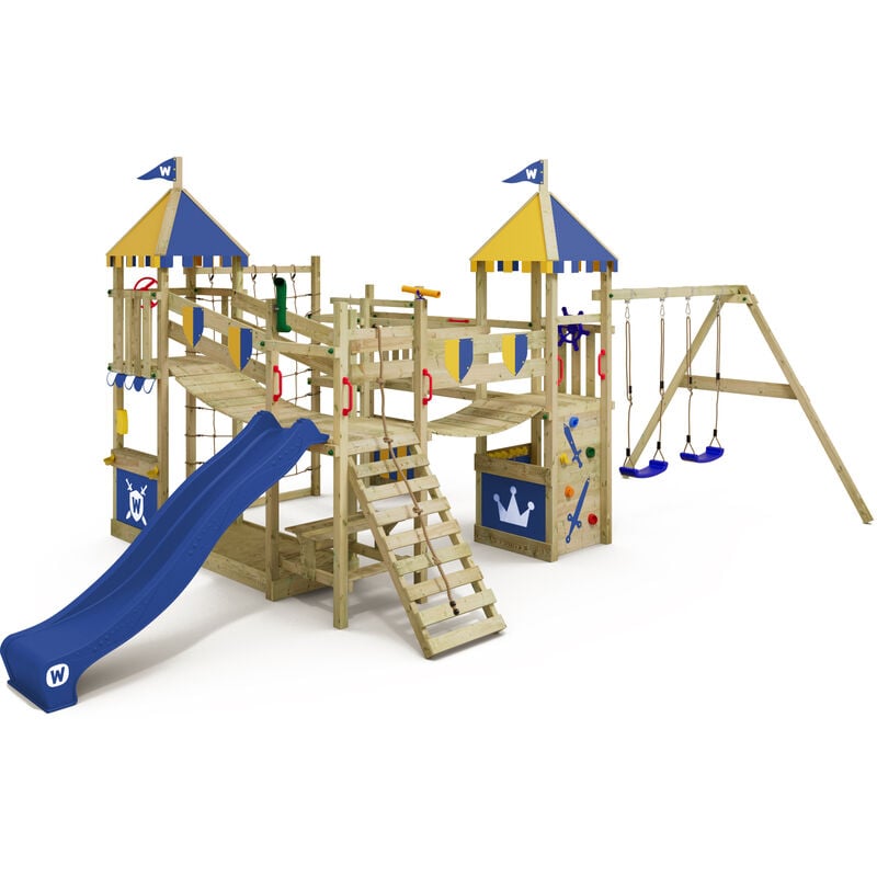 Wickey - Aire de jeux Portique bois Smart Queen avec balançoire et toboggan bleu Maison enfant exterieur avec bac à sable, échelle d'escalade &