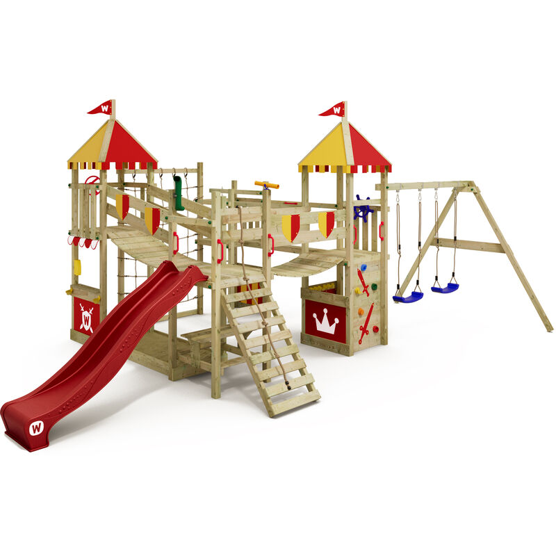 Wickey - Aire de jeux Portique bois Smart Queen avec balançoire et toboggan rouge Maison enfant exterieur avec bac à sable, échelle d'escalade &
