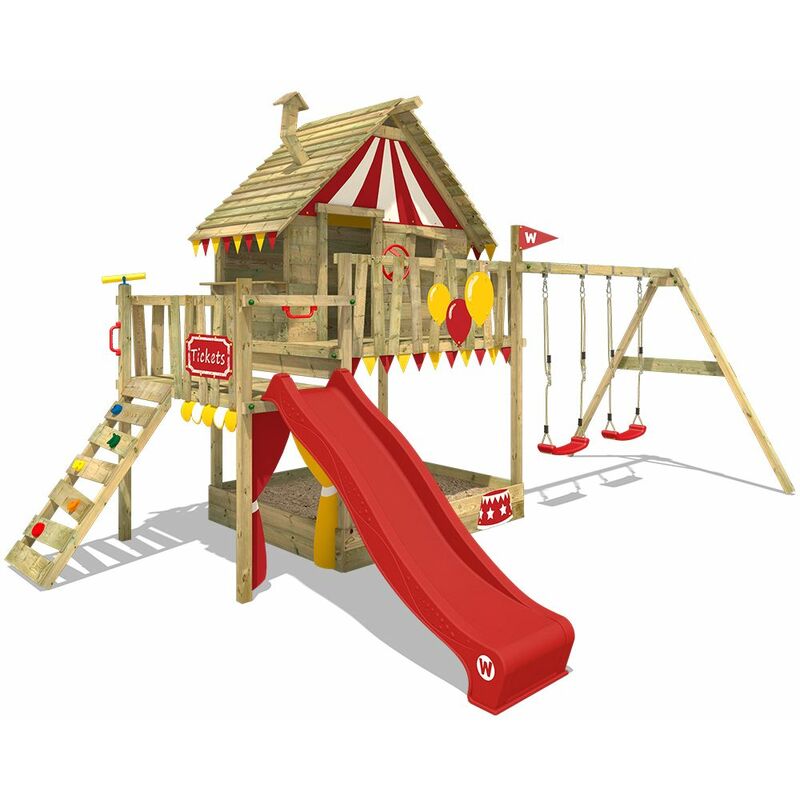WICKEY Aire de jeux Portique bois Smart Trip avec balançoire et toboggan rouge Maison enfant sur pilotis avec bac à sable, échelle d'escalade &
