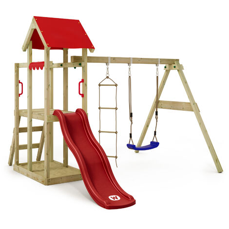 WICKEY Aire de jeux Portique bois TinyPlace avec balançoire et toboggan rouge Maison enfant exterieur avec bac à sable, échelle d'escalade & accessoires de jeux