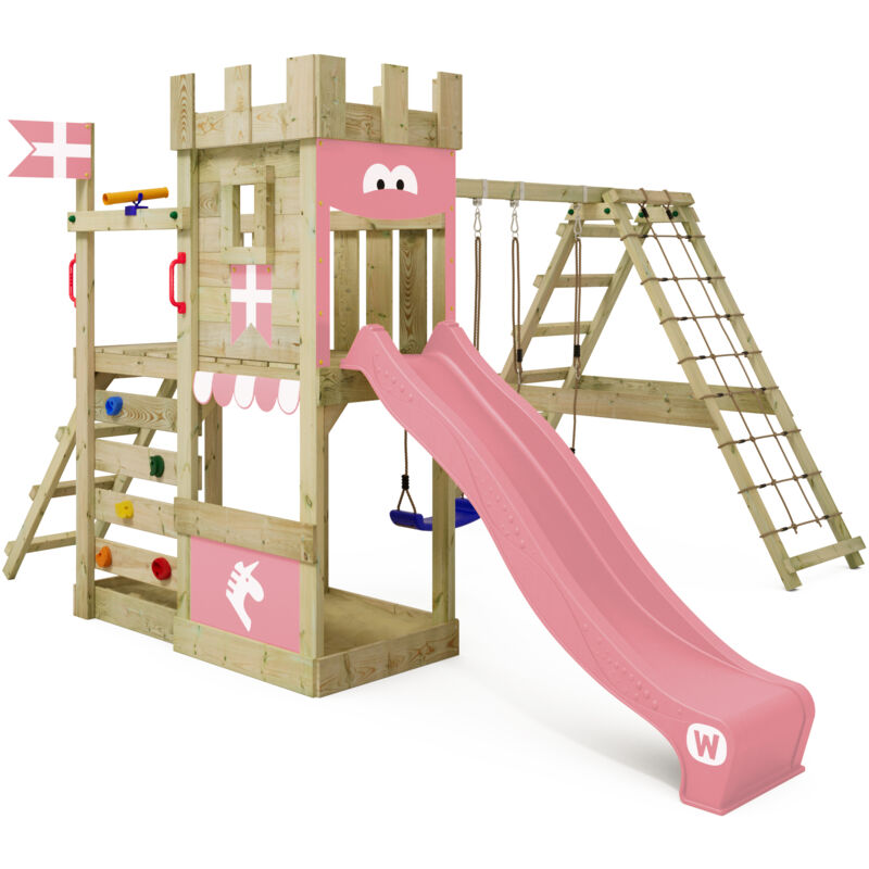 Wickey Dragonflyer Castle Style Wooden Play Tower With Swing And Slide For Toddlers In Light Pink