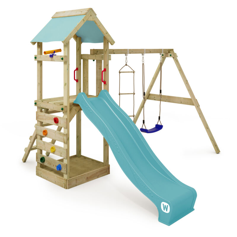 Wickey Wooden Climbing Frame Freeflyer With Swing Set And Slide, Garden Playhouse With Sandpit, Climbing Ladder & Play-accessories - Pastel Blue