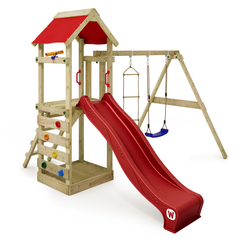 Wooden Climbing Frame Freeflyer With Swing Set And Slide, Garden Playhouse With Sandpit, Climbing Ladder & Play-accessories - Red - Wickey