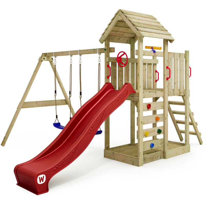 Wickey - Wooden Climbing Frame Multiflyer With Wooden Roof, Swing Set And Slide, Garden Playhouse With Sandpit, Climbing Ladder & Play-accessories -