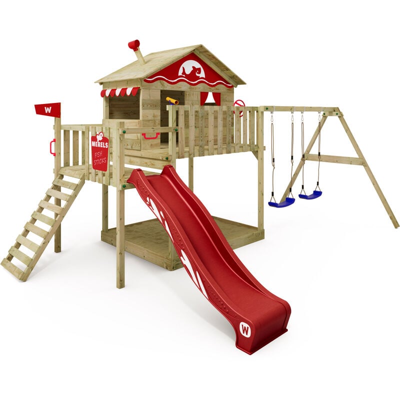 Wooden climbing frame Smart Coast with swing set and slide, Playhouse on stilts for kids with sandpit, climbing ladder & play-accessories - red