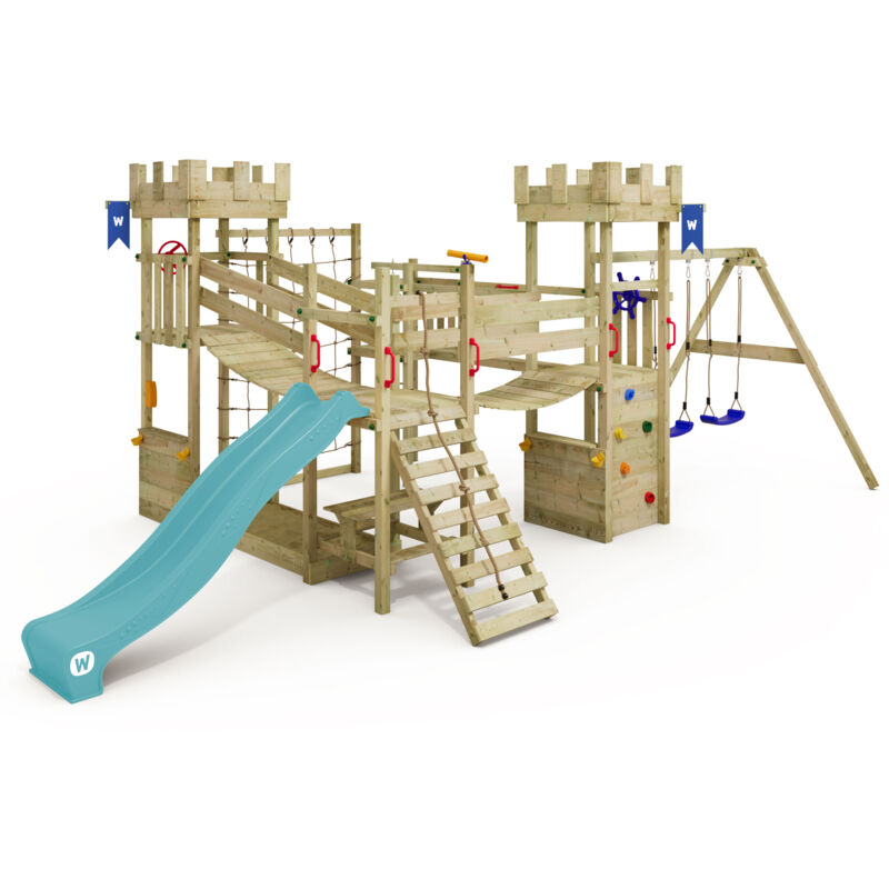 Tour de jeux Smart Arch avec filet d'escalade et ponts suspendus, château fort, grand bac à sable, comptoir de jeu, table de pique-nique, mur Tour de jeux Smart Arch avec filet d'escalade et ponts suspendus, château fort, grand bac à sable, comptoir de jeu, table de pique-nique, mur