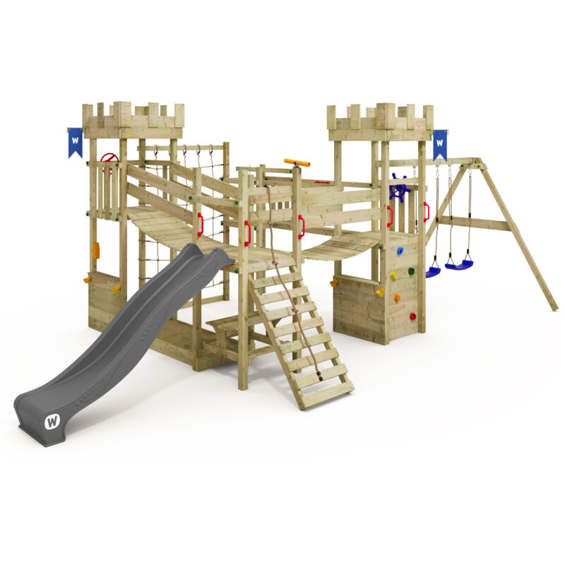 Tour de jeux Smart Arch avec filet d'escalade et ponts suspendus, château fort, grand bac à sable, comptoir de jeu, table de pique-nique, mur Tour de jeux Smart Arch avec filet d'escalade et ponts suspendus, château fort, grand bac à sable, comptoir de jeu, table de pique-nique, mur