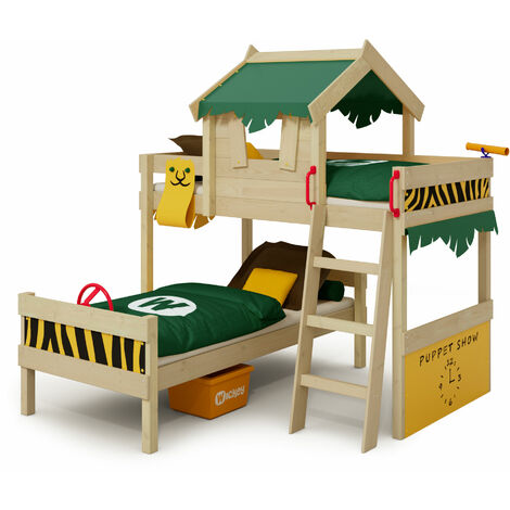 WICKEY Lit enfant, Lit superposé Crazy Jungle avec toboggan Lit en bois 90 x 200 cm
