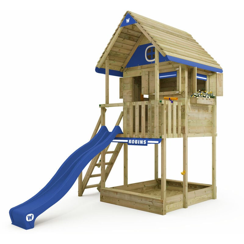 Maison sur pilotis Smart ClubHouse avec toboggan, cabane dans les arbres avec bac à sable, échelle d'escalade & accessoires de jeu - bleu - bleu
