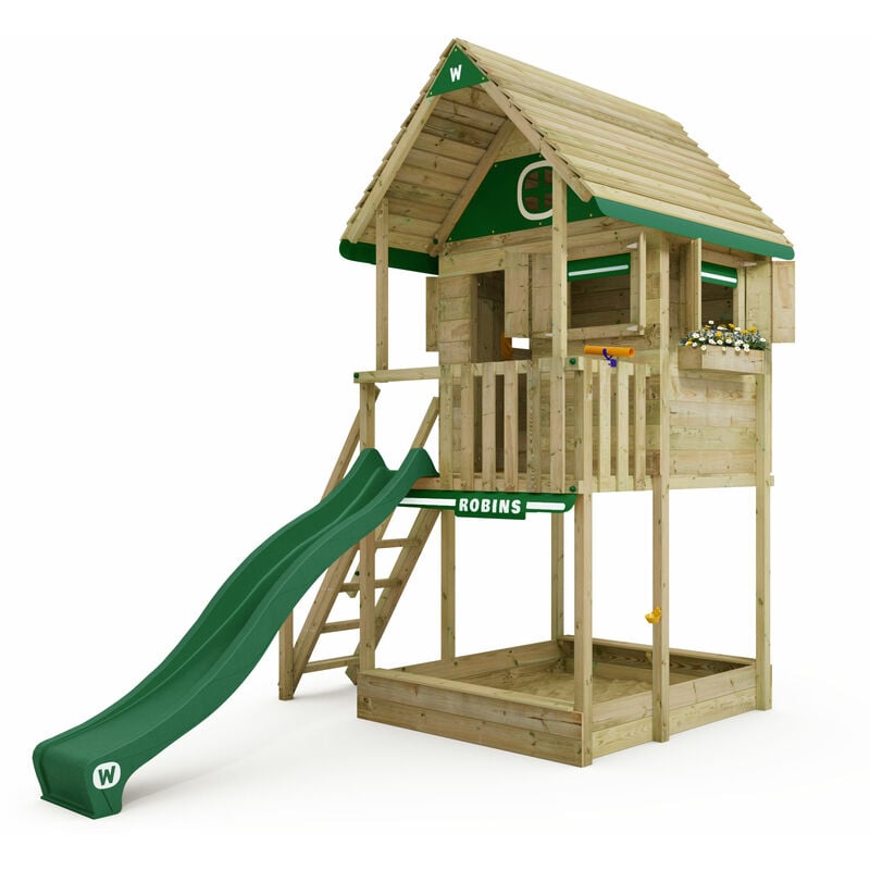 Wickey - Maison sur pilotis Smart ClubHouse avec toboggan, cabane dans les arbres avec bac à sable, échelle à grimper & accessoires de jeu - vert