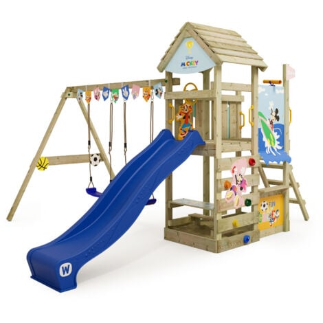 WICKEY Parco giochi in legno Disney Adventure Giochi da giardino con altalena e scivolo Casetta da gioco per l'arrampicata con sabbiera e scala di risalita per bambini  - Topolino e i suoi amici