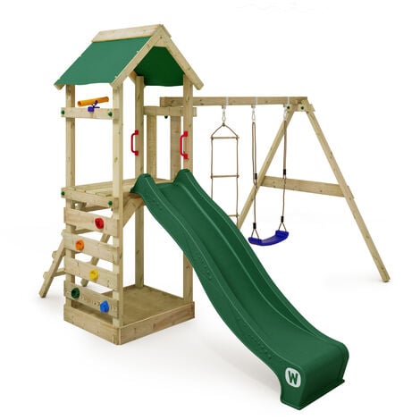 Wickey Parco giochi in legno MultiFlyer Tetto in legno Giochi da giardino  con altalena e scivolo Casetta da gioco per l'arrampicata con sabbiera e  scala di risalita per bambini - orange