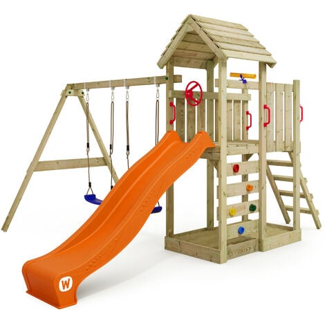 WICKEY Parco giochi in legno MultiFlyer Tetto in legno Giochi da giardino con altalena e scivolo Casetta da gioco per l'arrampicata con sabbiera e scala di risalita per bambini
