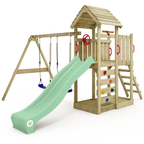 WICKEY Parco giochi in legno MultiFlyer Tetto in legno Giochi da giardino con altalena e scivolo Casetta da gioco per l'arrampicata con sabbiera e scala di risalita per bambini - verde pastello