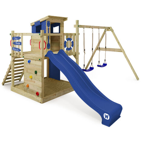 Wickey Parco giochi in legno Smart Camp Giochi da giardino con altalena e scivolo Casetta da gioco per l'arrampicata con sabbiera e scala di risalita per bambini - blu