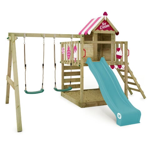 Wickey Parco giochi in legno MultiFlyer Tetto in legno Giochi da giardino  con altalena e scivolo Casetta da gioco per l'arrampicata con sabbiera e  scala di risalita per bambini - orange