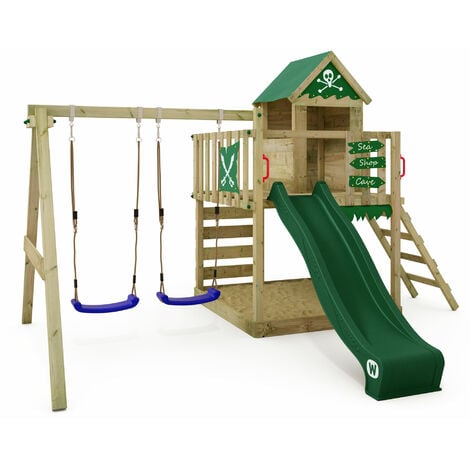 WICKEY Parco giochi in legno Smart Cave Giochi da giardino con altalena e scivolo Casetta da gioco per l'arrampicata con sabbiera e scala di risalita per bambini
