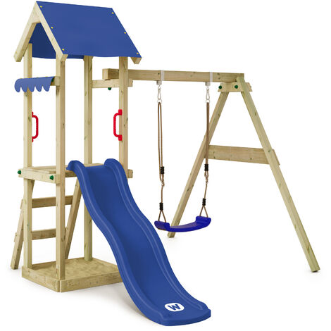 WICKEY Parco giochi in legno TinyWave Giochi da giardino con altalena e scivolo blu Torre d'arrampicata da esterno con sabbiera e scala di risalita per bambini