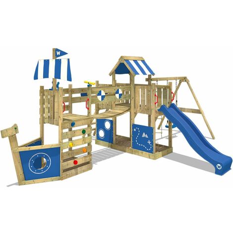 WICKEY Parque infantil de madera ArcticFlyer con columpio y tobogán azul Casa de juegos de jardín con arenero y escalera para niños