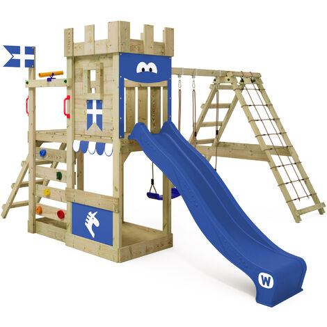 Wickey Parque infantil de madera DragonFlyer con columpio y tobogán Torre de escalada de exterior con arenero y escalera para niños - azul