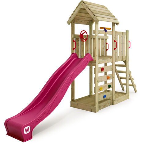 Wickey Parque infantil de madera VanillaFlyer con columpio y tobogán Torre  de escalada de exterior con arenero y escalera para niños - turquesa