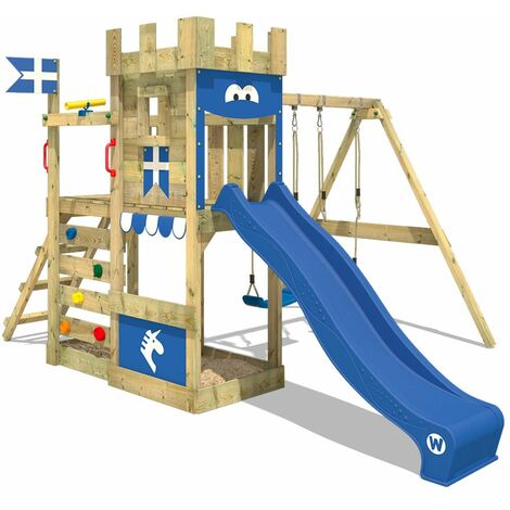 WICKEY Parque infantil de madera RoyalFlyer con columpio y tobogán azul Torre de escalada de exterior con arenero y escalera para niños
