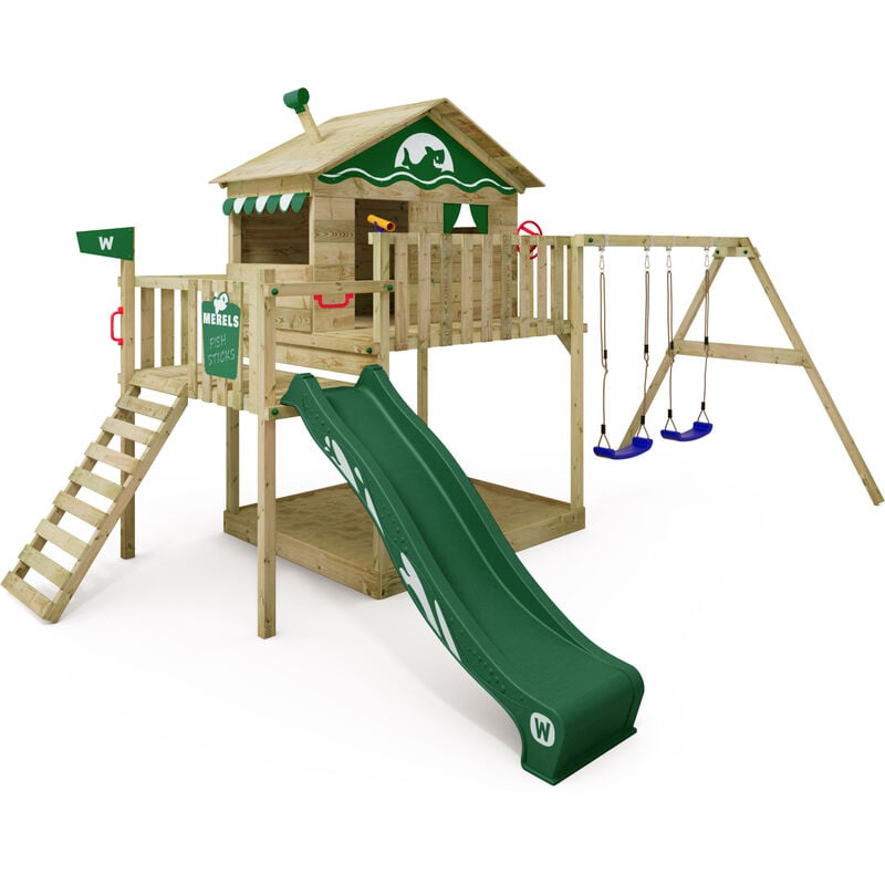 

WICKEY Parque infantil de madera Smart Coast con columpio y tobogán verde Casa sobre pilares de exterior con arenero y escalera para niños