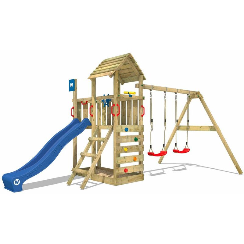 

WICKEY Parque infantil de madera Smart Rival con columpio y tobogán azul Torre de escalada de exterior con arenero y escalera para niños